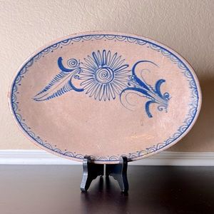 Vintage Red Clay w Blue Flowers Oval Bowl, Serving Dish, Antique Pottery, Blue